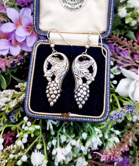 Vintage French Art Nouveau Style Repousse Silver Blackberries and Leaves Hook Drop Dangle Earrings
