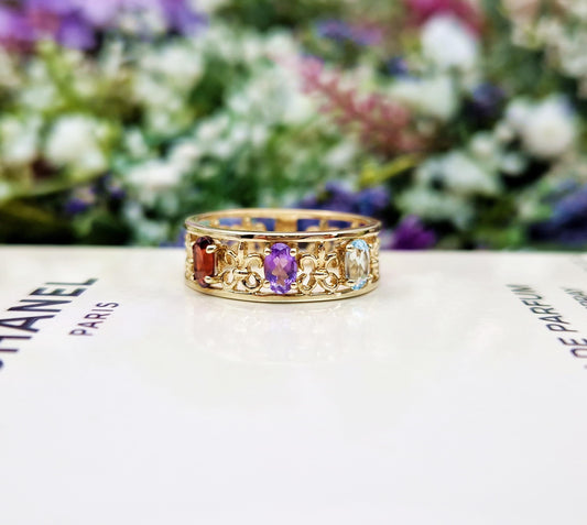 Vintage 9ct Yellow Gold Rainbow Multi Gemstone Fleur-de-lis Band Ring / Size O or 7.5