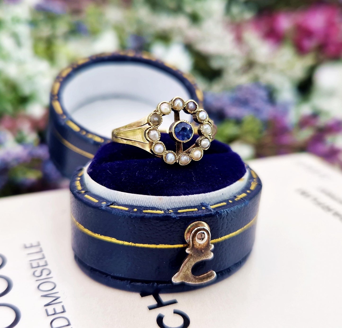 Antique Art Deco 15ct Gold Sapphire and Pearl Target Cluster Ring / Size L 1/2 or 6.25