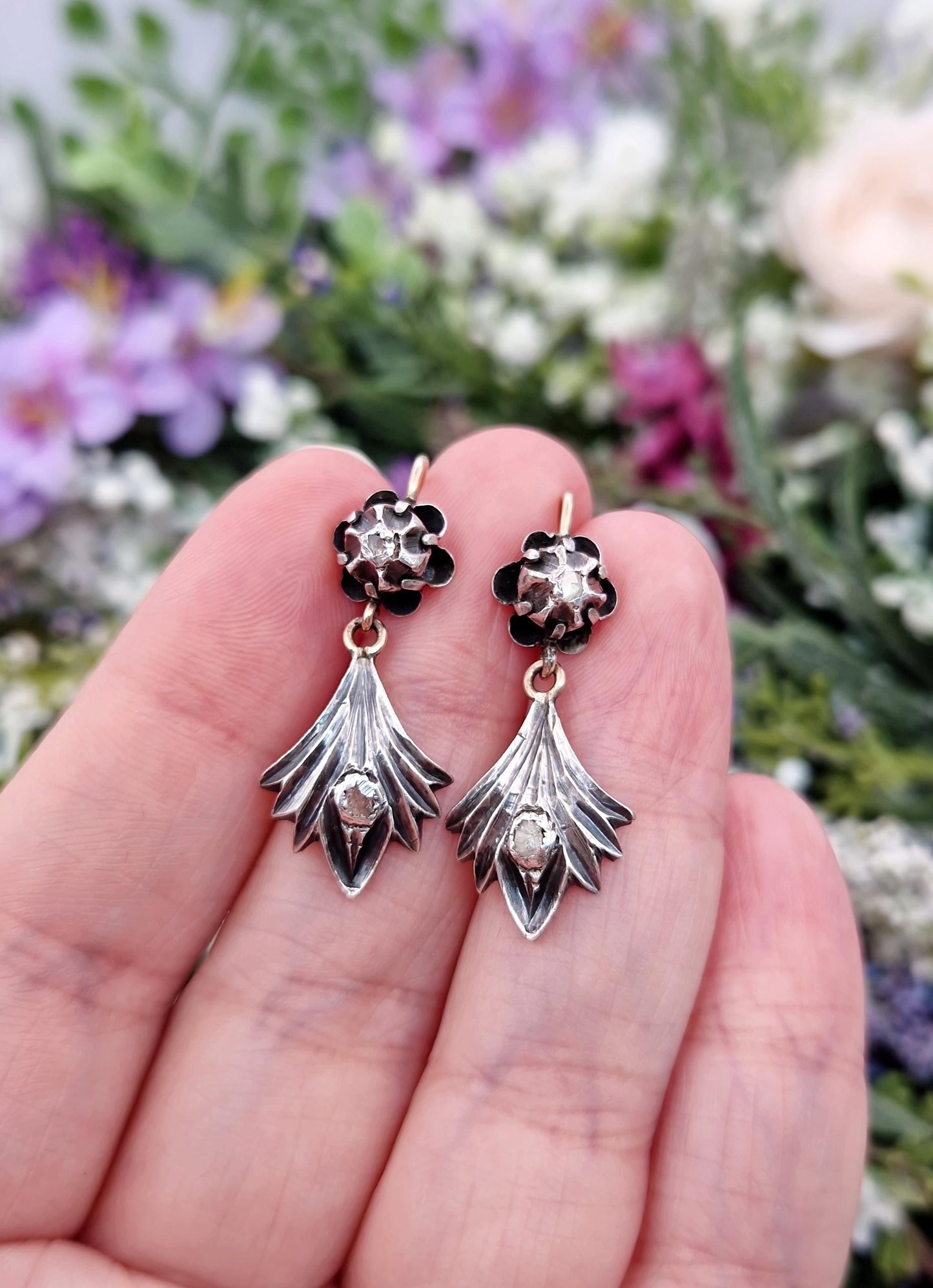 Vintage Victorian Style 9ct Gold and Silver Diamond Buttercup Hook Drop Earrings