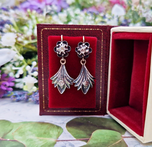 Vintage Victorian Style 9ct Gold and Silver Diamond Buttercup Hook Drop Earrings
