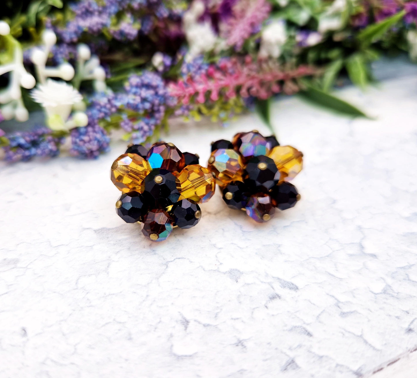 Vintage Gold Plated Sparkly Orange and Black Faceted Glass Bead Statement Clip On Earrings