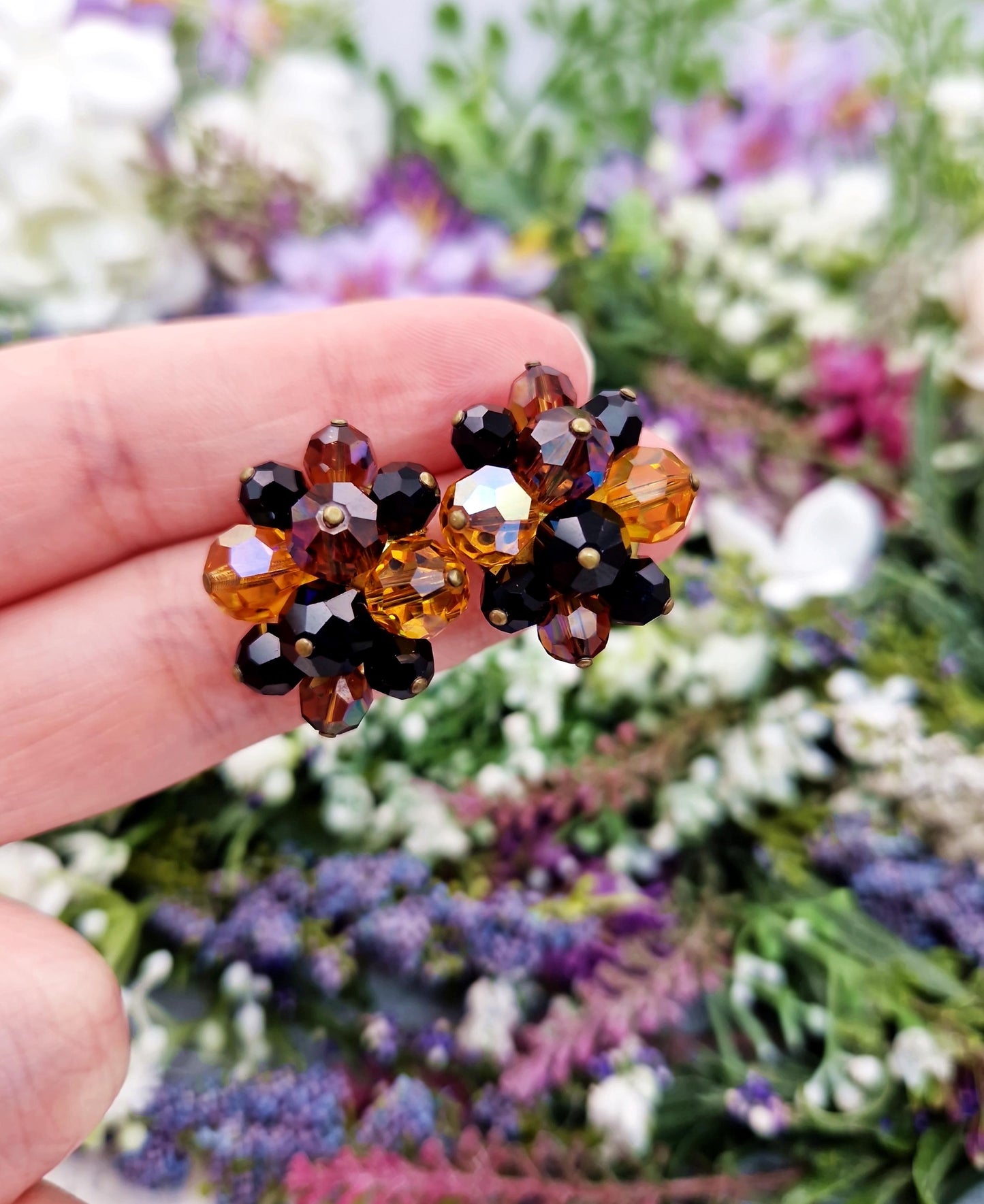 Vintage Gold Plated Sparkly Orange and Black Faceted Glass Bead Statement Clip On Earrings