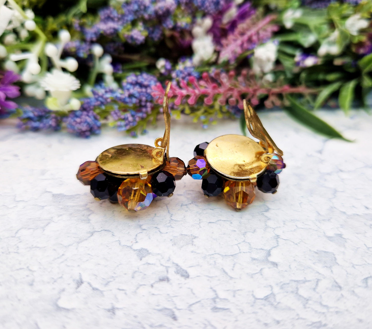 Vintage Gold Plated Sparkly Orange and Black Faceted Glass Bead Statement Clip On Earrings
