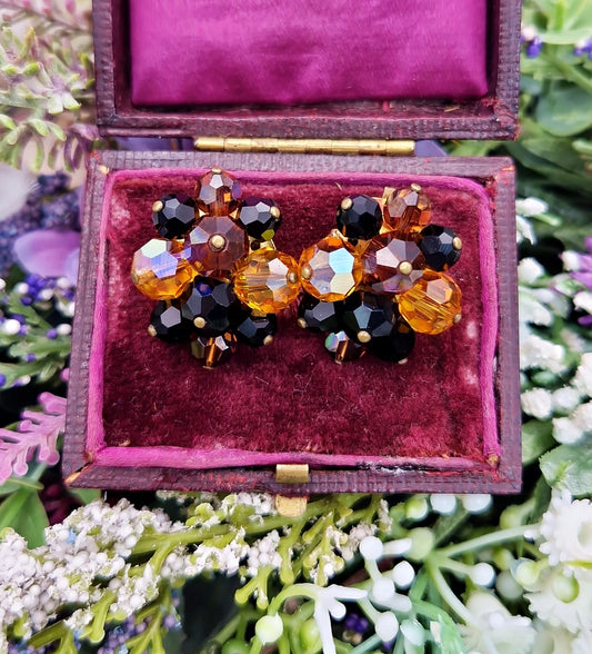 Vintage Gold Plated Sparkly Orange and Black Faceted Glass Bead Statement Clip On Earrings