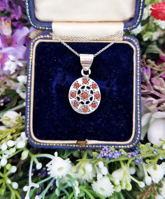 Vintage Sterling Silver Coral Star Celestial Pendant Necklace