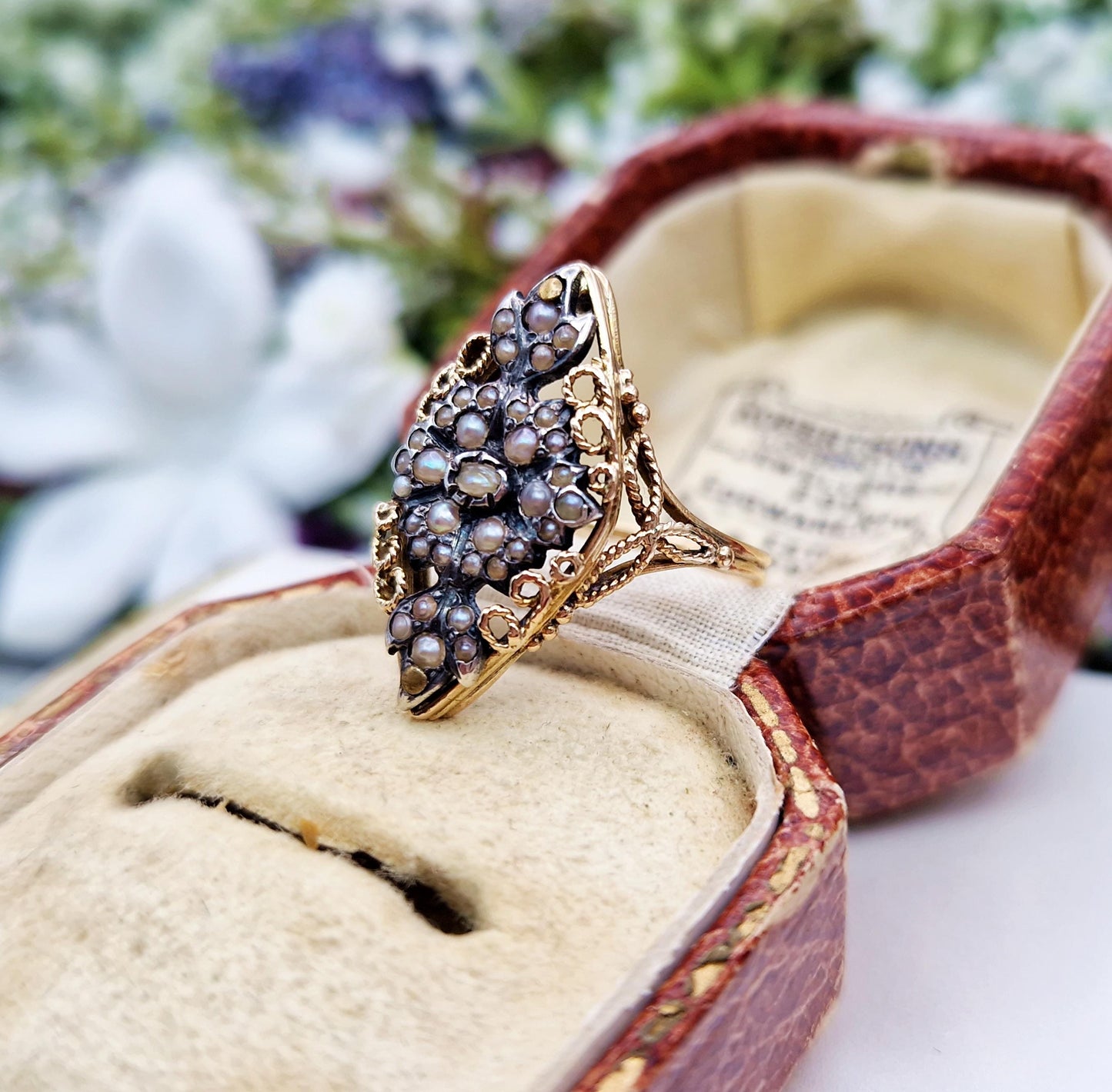 Antique Georgian 18ct Yellow Gold Ornate Unique Pearl Statement Navette Ring / Size O or 7