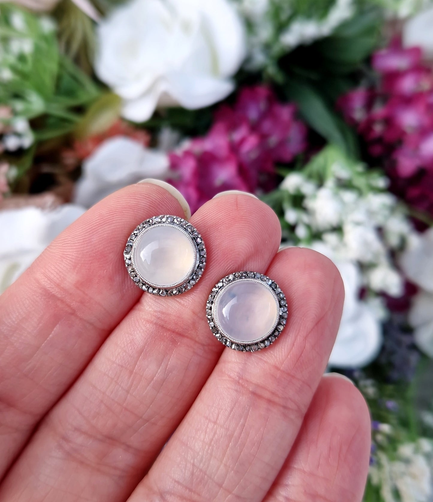 Antique Victorian 18ct Yellow Gold Moonstone and Rose Cut Diamond Stud Earrings