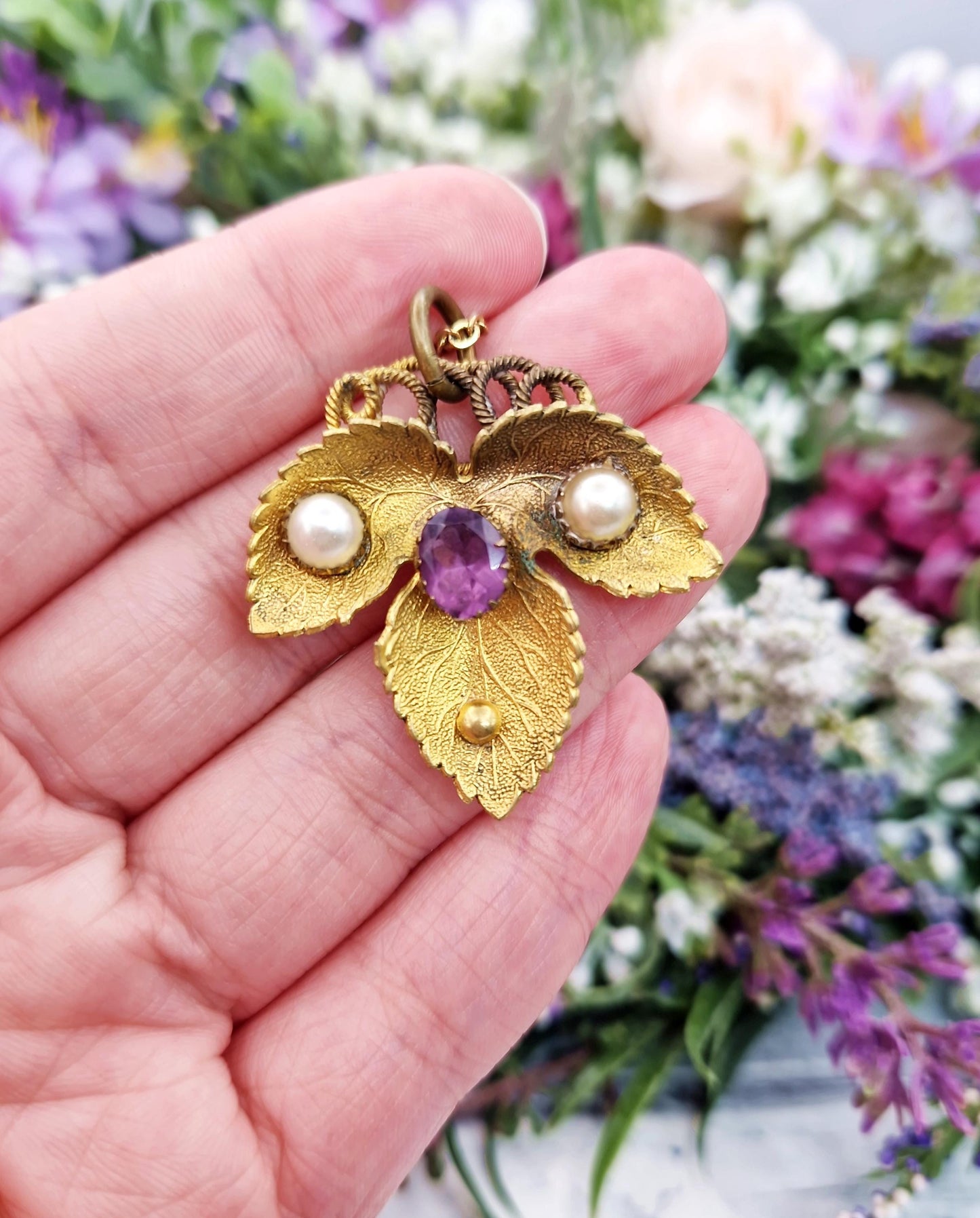 Antique Art Nouveau Gold Tone Leaf with Purple Glass and Pearls Pendant Necklace
