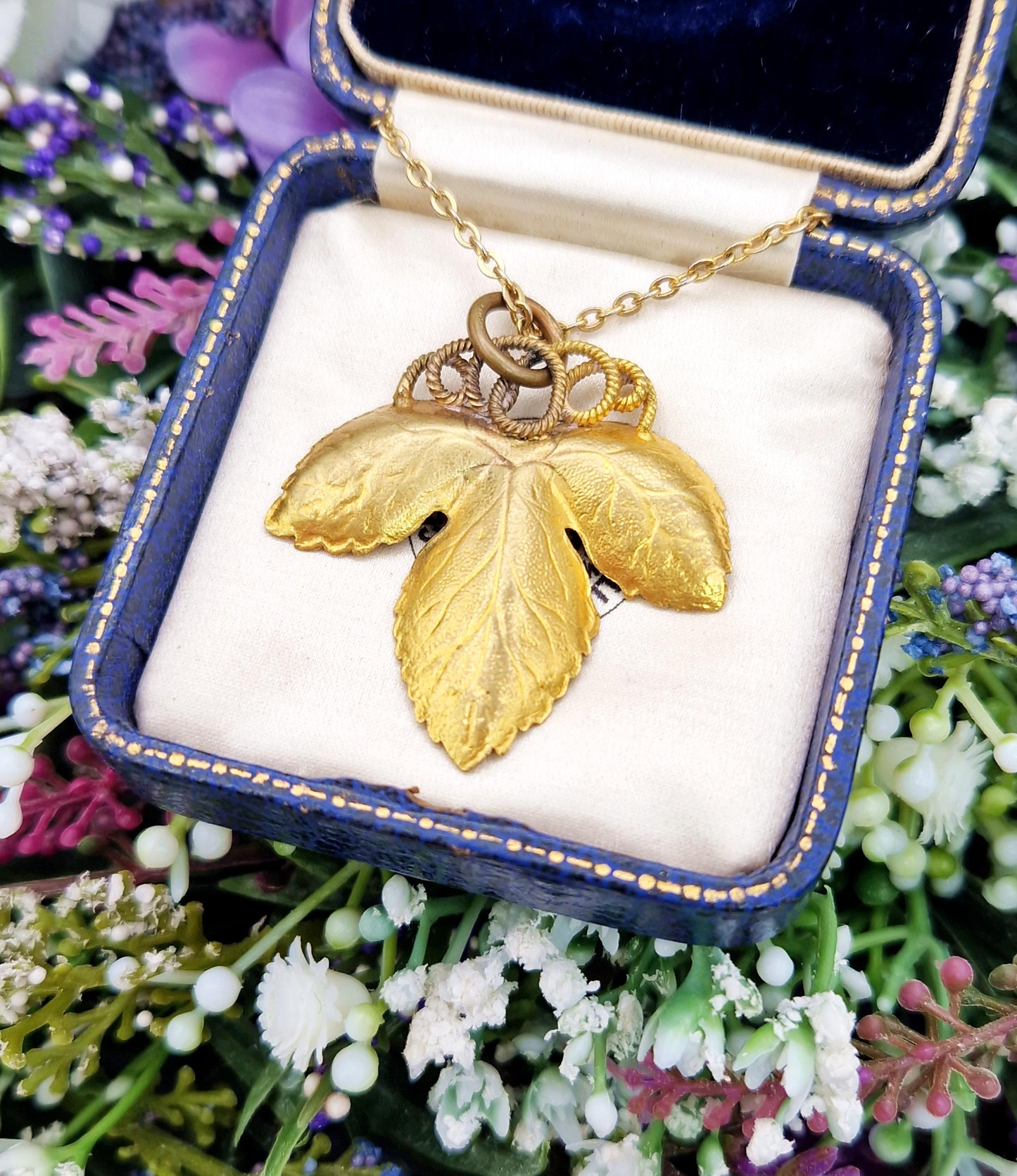 Antique Art Nouveau Gold Tone Leaf with Purple Glass and Pearls Pendant Necklace