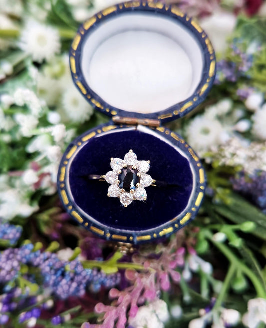 Vintage 9ct Yellow Gold Classic Sapphire and White Crystal Cluster Ring / Size N or 7