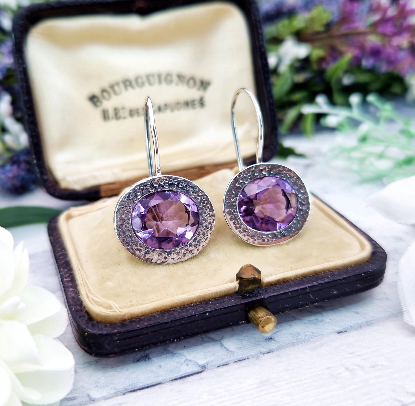Vintage Sterling Sterling Large Statement Natural Purple Amethyst Hook Drop Earrings