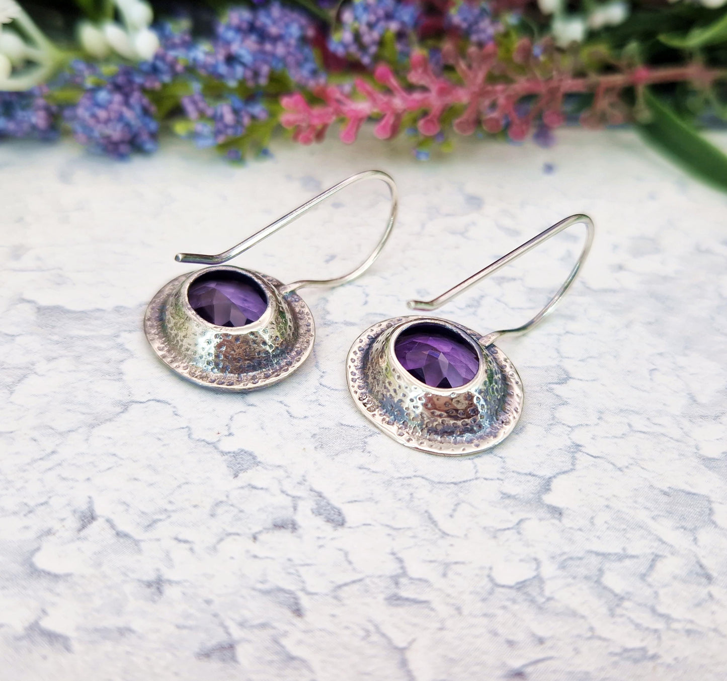 Vintage Sterling Sterling Large Statement Natural Purple Amethyst Hook Drop Earrings