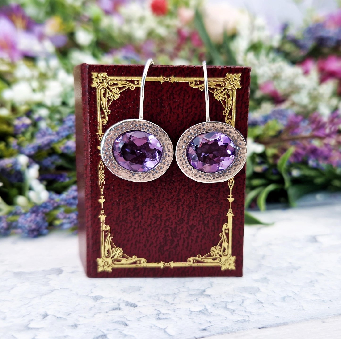 Vintage Sterling Sterling Large Statement Natural Purple Amethyst Hook Drop Earrings