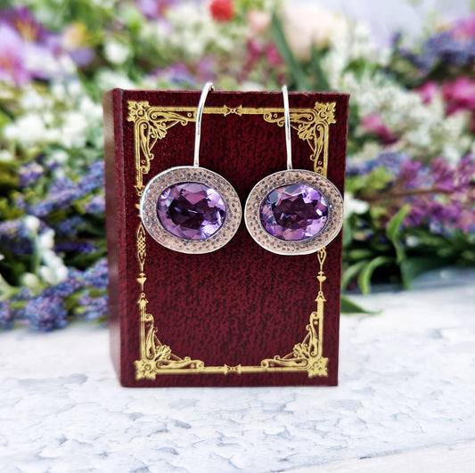 Vintage Sterling Sterling Large Statement Natural Purple Amethyst Hook Drop Earrings