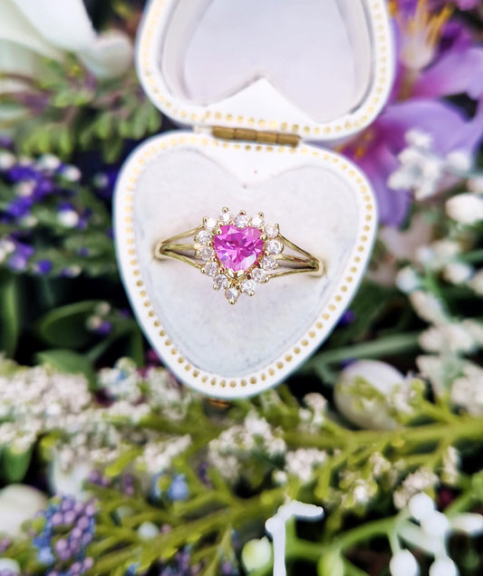 Vintage 9ct Yellow Gold Pink Topaz and White Crystal Heart Cluster Ring / Size N 1/2 or 7.25