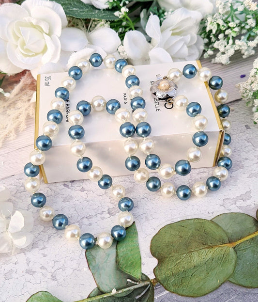 Vintage White and Blue Lustrous Imitation Pearl Necklace with Flower Clasp