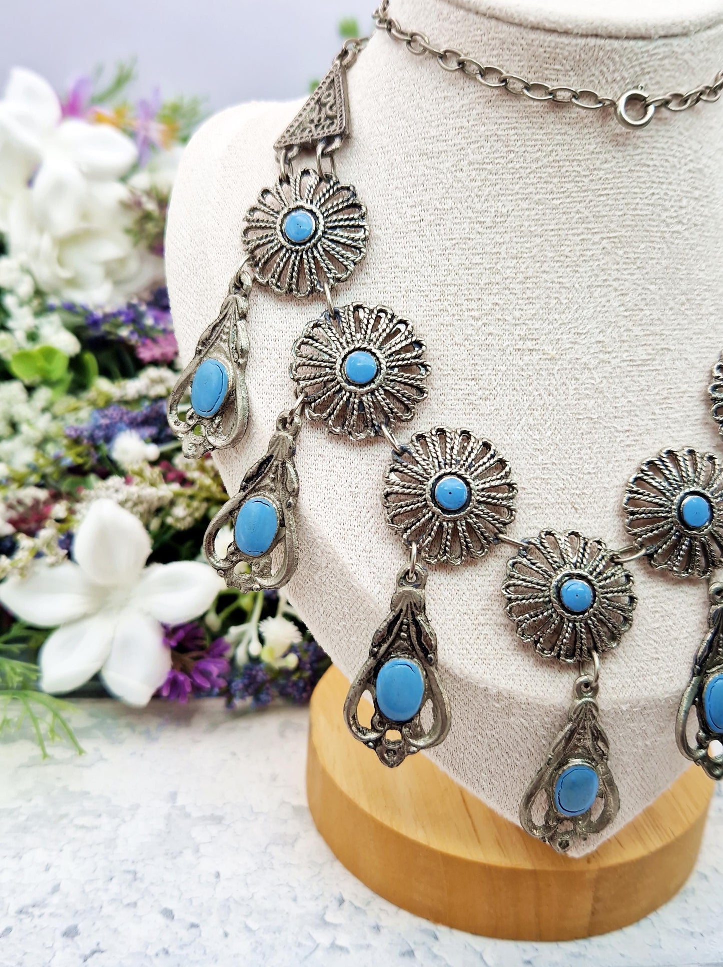 Vintage Silver Tone Amazing Turquoise Enamel Large Statement Fringed Collar Necklace