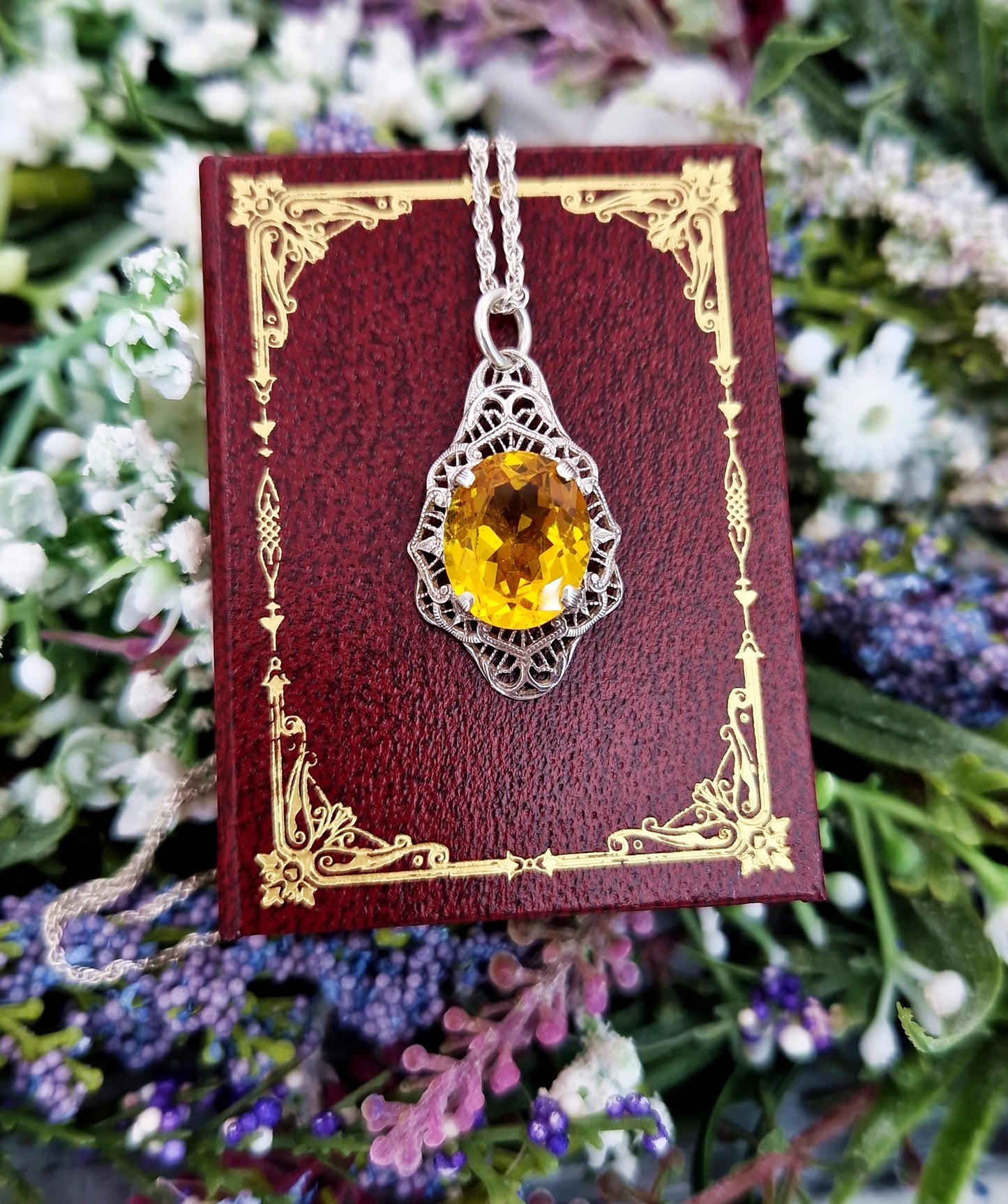 Antique Art Deco Sterling Silver Striking Yellow Stone Shield Pendant Necklace