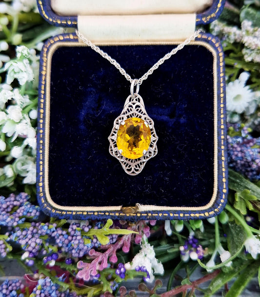 Antique Art Deco Sterling Silver Striking Yellow Stone Shield Pendant Necklace