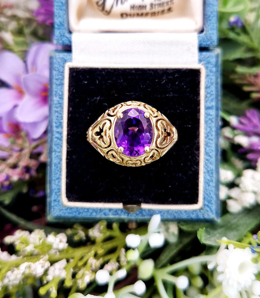 Vintage 9ct Yellow Amethyst Gemstone Solitaire Statement Heart Ring / Size O 1/2 or 7.75