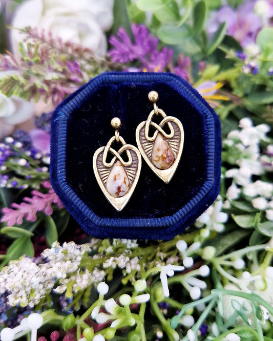 Vintage Gold Tone Scottish Miracle Faux Agate Celtic Heart Drop Stud Earrings