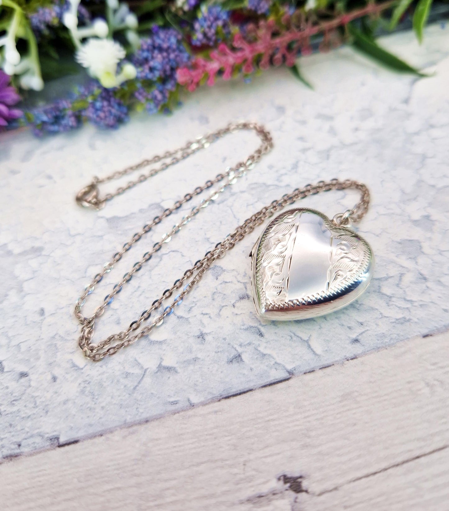 Vintage Sterling Silver Love Heart Shaped Ornate Engraved Locket Pendant Necklace