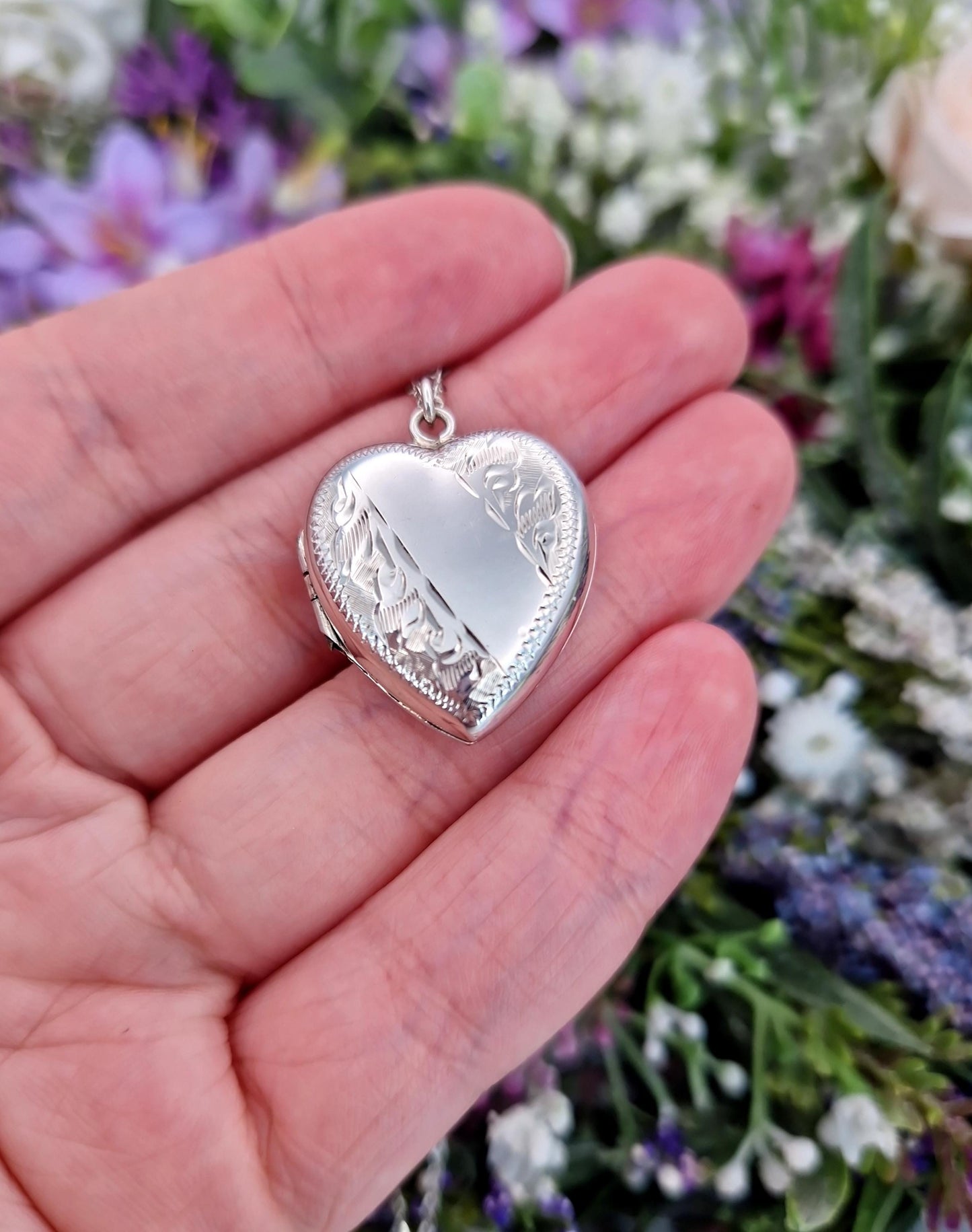 Vintage Sterling Silver Love Heart Shaped Ornate Engraved Locket Pendant Necklace