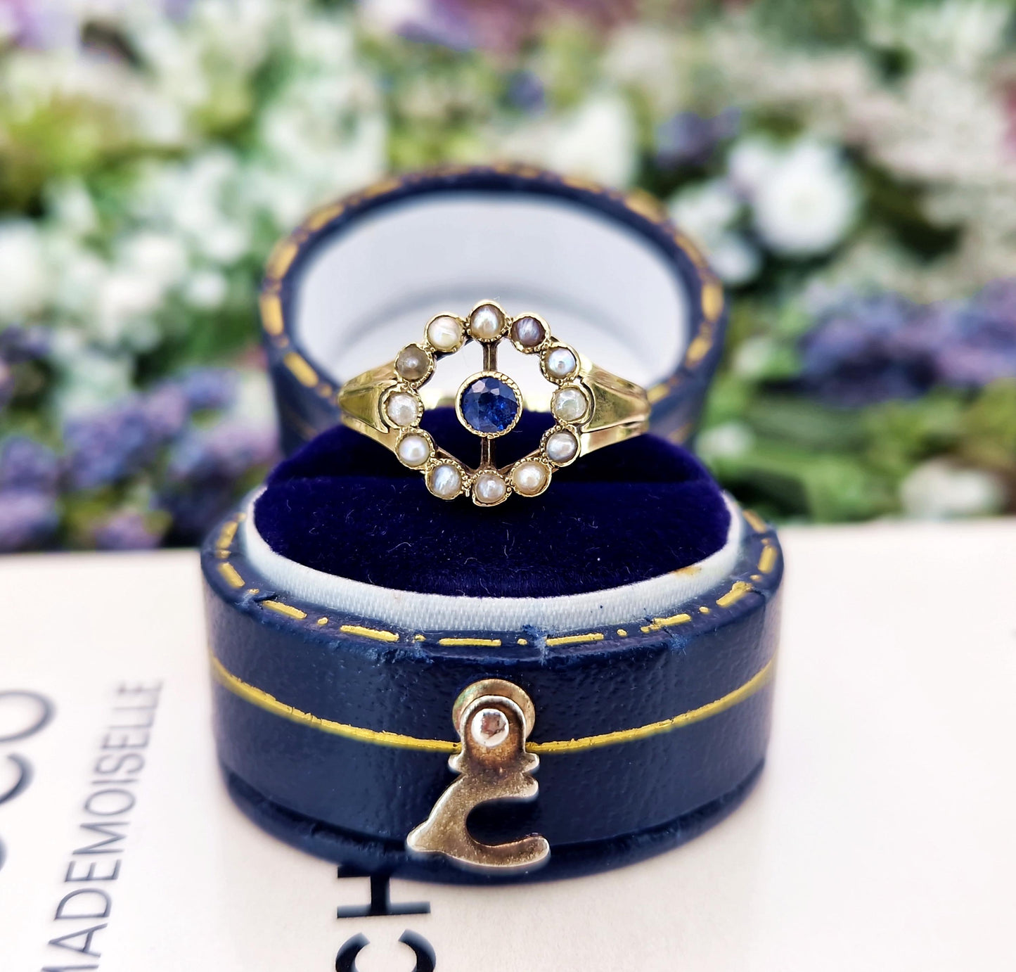 Antique Art Deco 15ct Gold Sapphire and Pearl Target Cluster Ring / Size L 1/2 or 6.25
