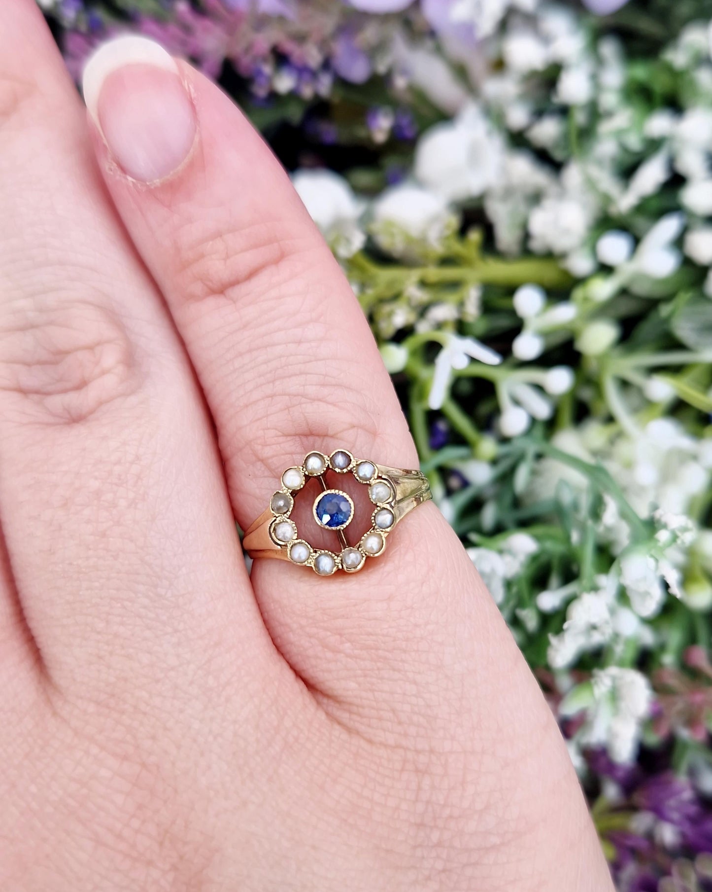 Antique Art Deco 15ct Gold Sapphire and Pearl Target Cluster Ring / Size L 1/2 or 6.25