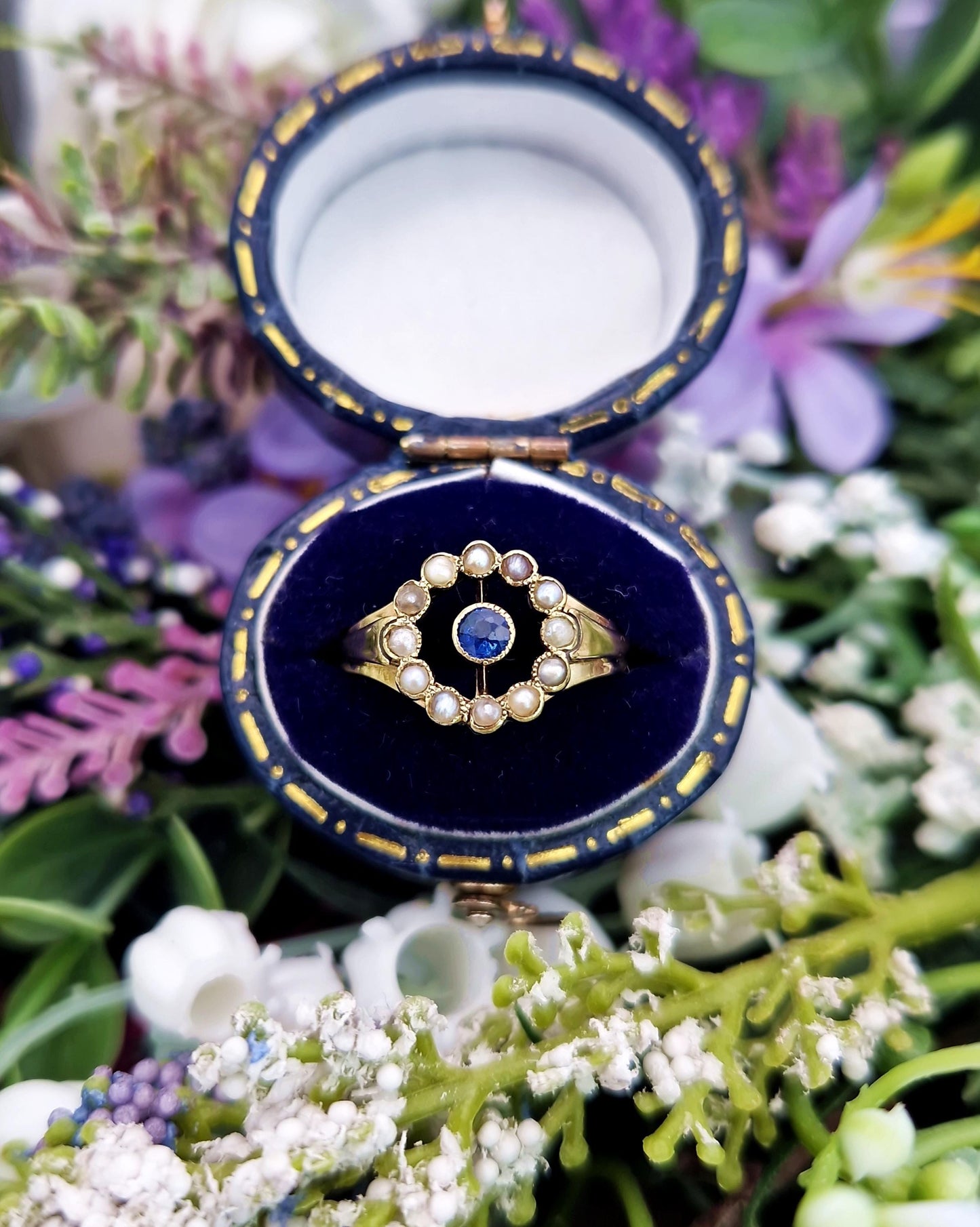 Antique Art Deco 15ct Gold Sapphire and Pearl Target Cluster Ring / Size L 1/2 or 6.25