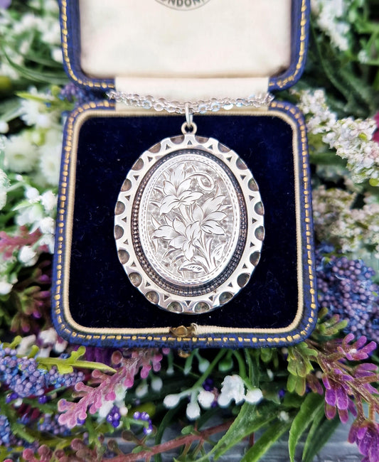 Antique Victorian Sterling Silver Large Aesthetic Engraved Flower Pendant Necklace