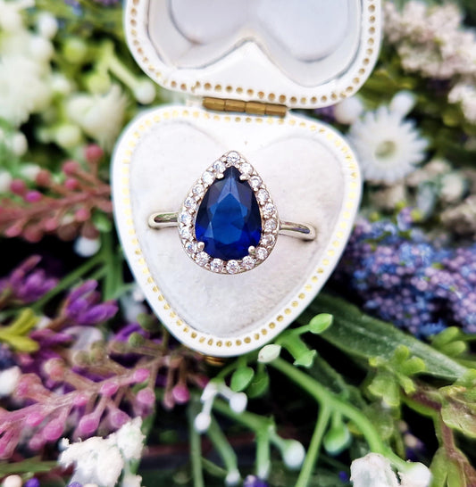 Vintage Sterling Silver Royal Blue Glass Teardrop Cluster Ring / Size M 1/2 or 6.75