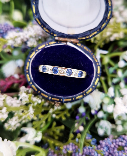 Vintage 1994 9ct Gold Sapphire and Diamond Slim Half Eternity Band Ring / Size R or 9