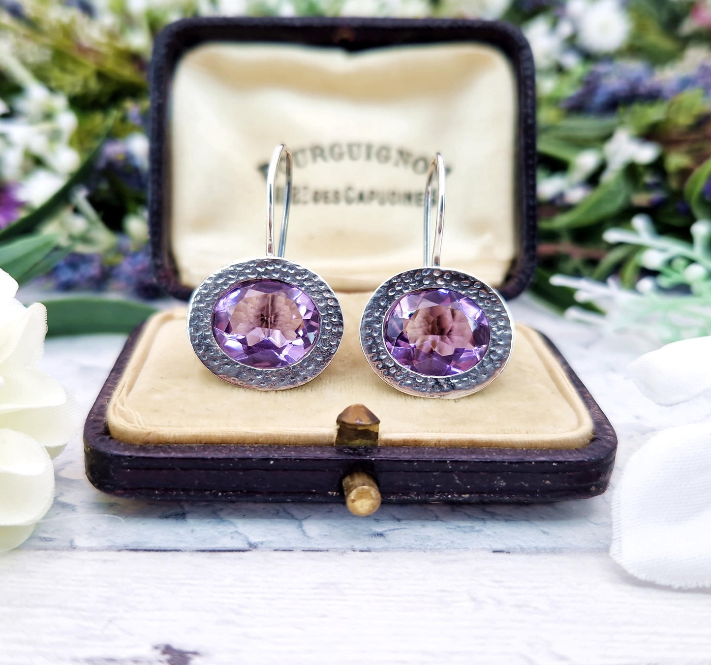 Vintage Sterling Sterling Large Statement Natural Purple Amethyst Hook Drop Earrings