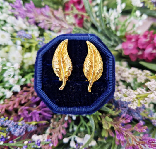 Vintage Gold Plated Retro Bird or Angel Feather Detailed Clip On Earrings