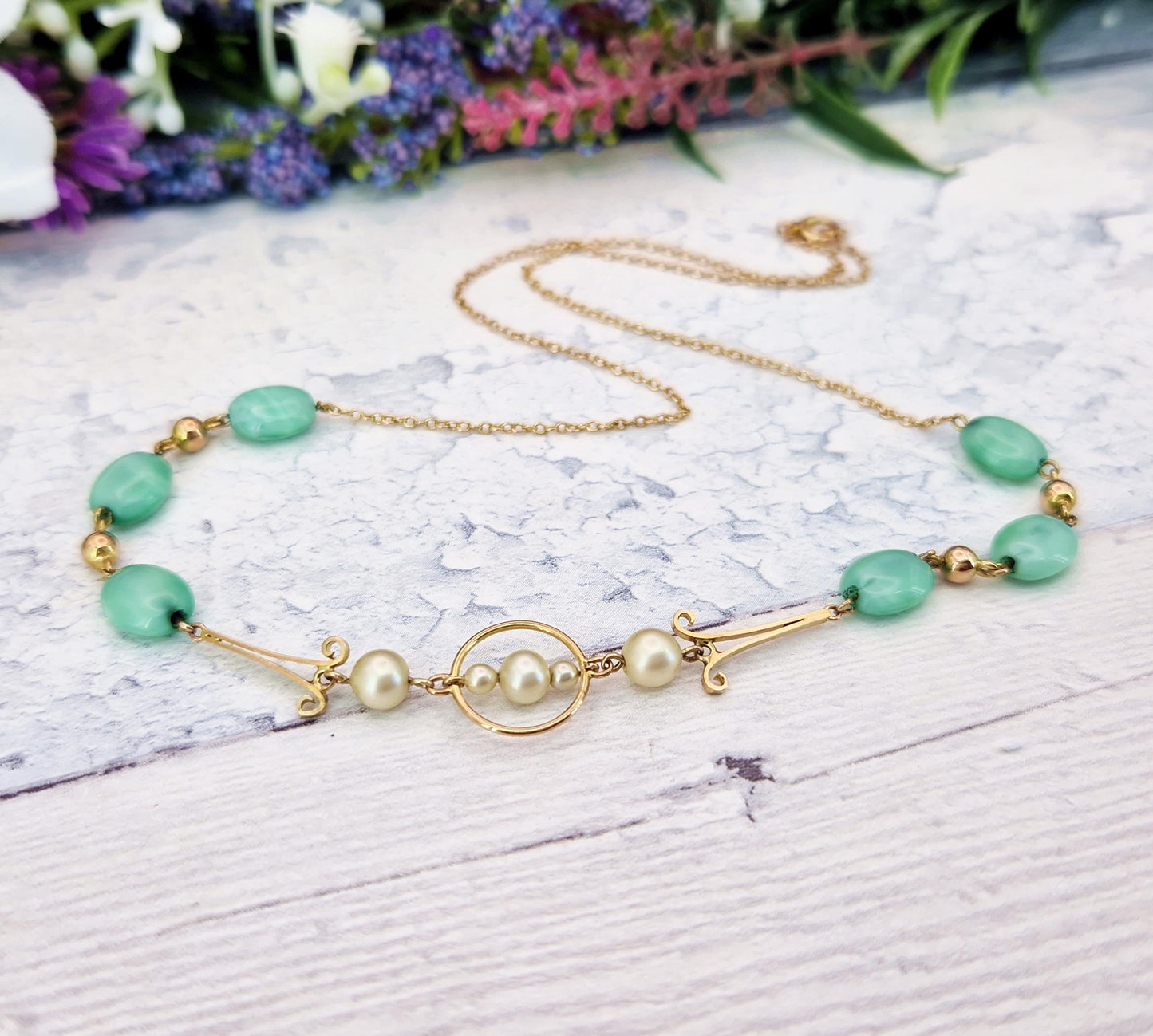 Antique Art Deco Solid 9ct Yellow Gold Pearl and Chrysoprase Bead 17" Necklace Chain / 5.7 grams