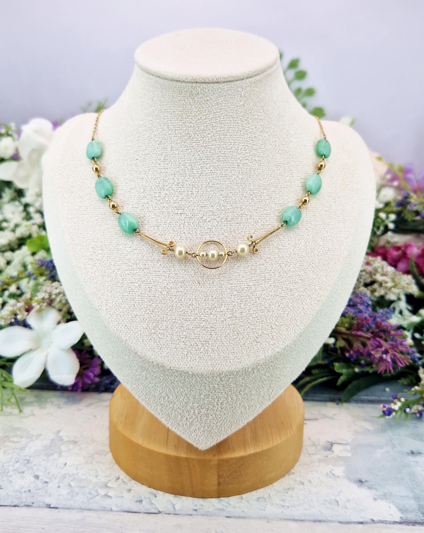 Antique Art Deco Solid 9ct Yellow Gold Pearl and Chrysoprase Bead 17" Necklace Chain / 5.7 grams
