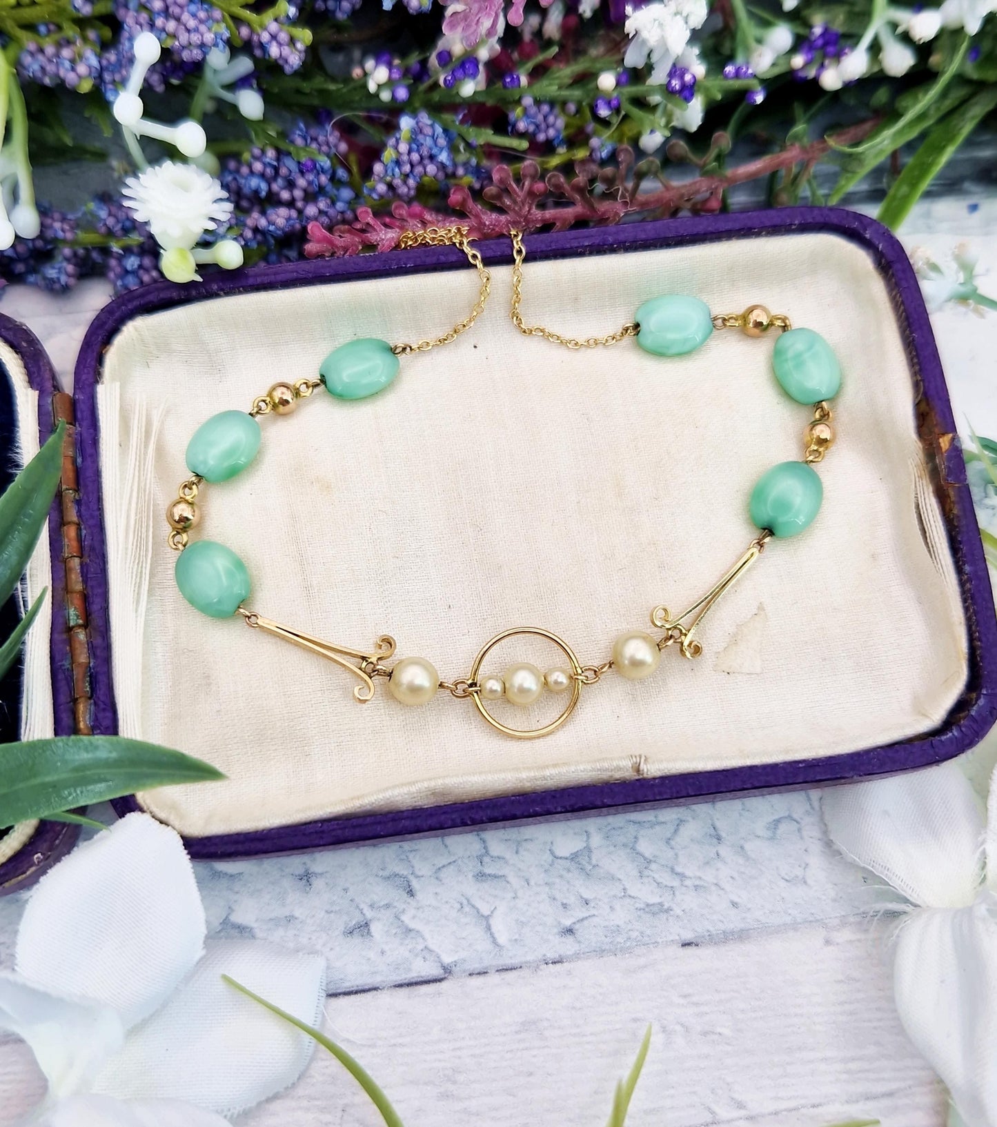 Antique Art Deco Solid 9ct Yellow Gold Pearl and Chrysoprase Bead 17" Necklace Chain / 5.7 grams