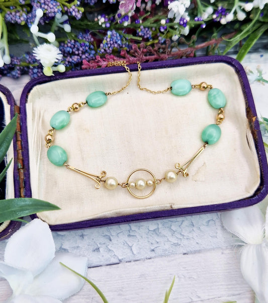 Antique Art Deco Solid 9ct Yellow Gold Pearl and Chrysoprase Bead 17" Necklace Chain / 5.7 grams