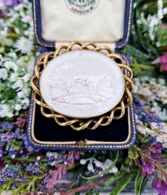Antique Victorian Gold Pinchbeck Large Carved White Wolf Mother of Pearl Brooch Pin