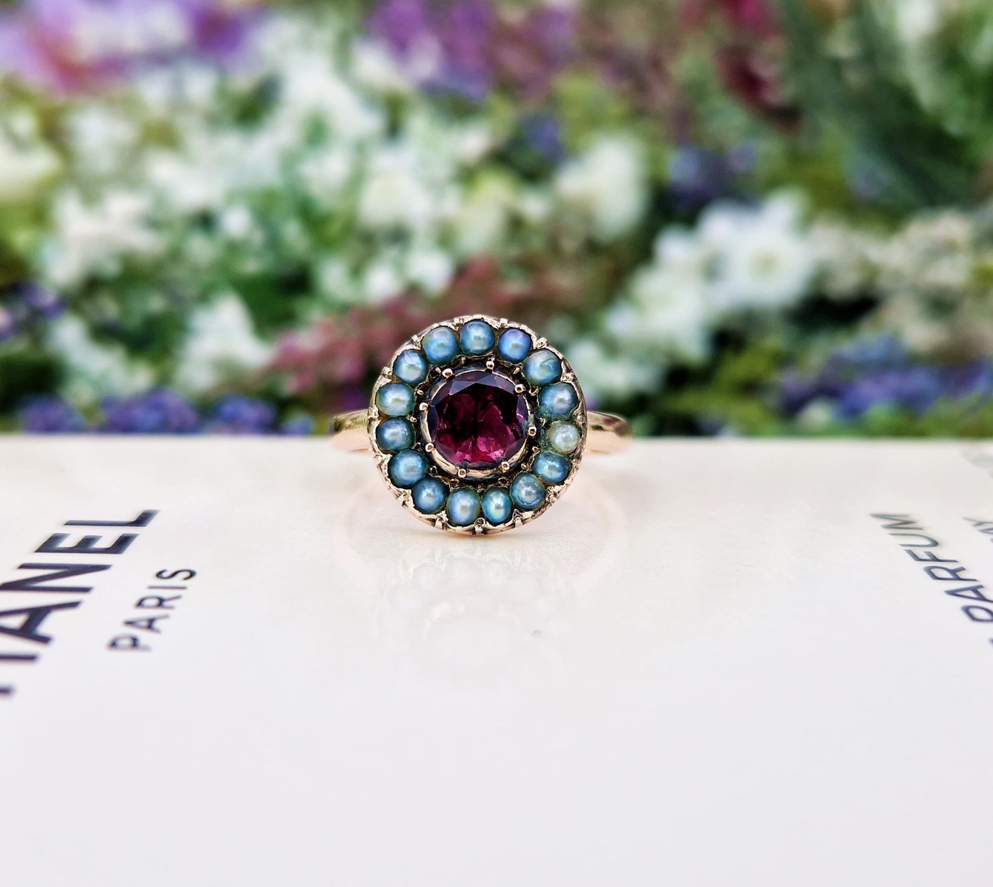 Antique Victorian 9ct Gold Flat Cut Garnet and Pearl Cluster Ring / Size M 1/2 or 6.75