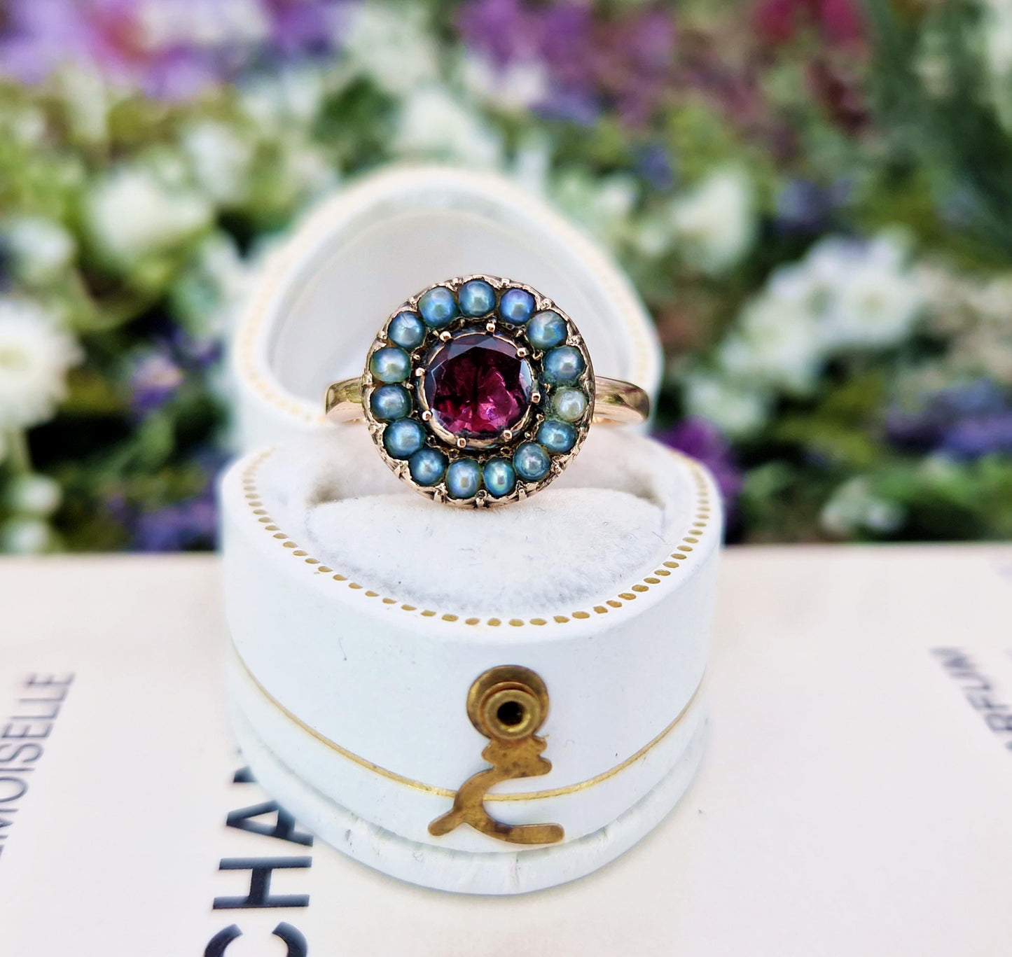 Antique Victorian 9ct Gold Flat Cut Garnet and Pearl Cluster Ring / Size M 1/2 or 6.75