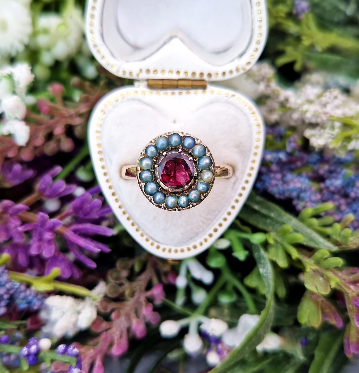 Antique Victorian 9ct Gold Flat Cut Garnet and Pearl Cluster Ring / Size M 1/2 or 6.75