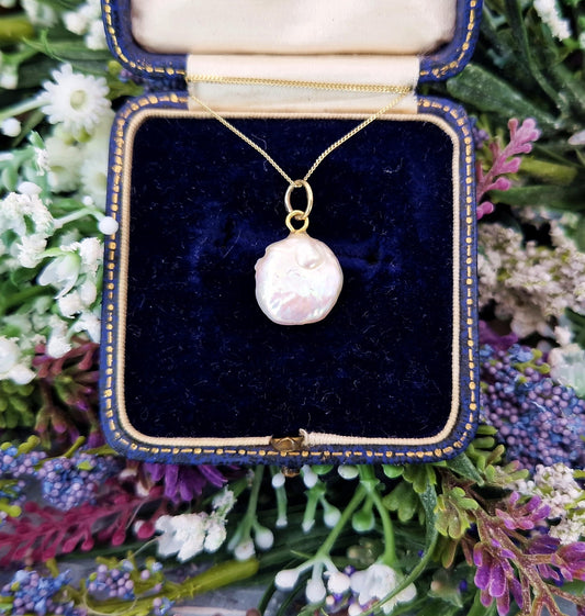 Antique Art Nouveau 9ct Gold Solitaire Baroque Pearl Pendant Necklace
