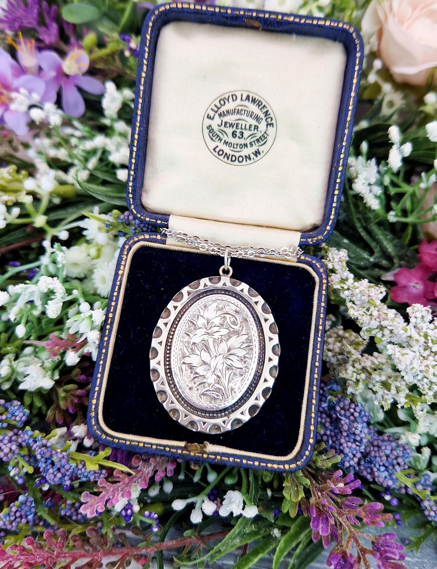 Antique Victorian Sterling Silver Large Aesthetic Engraved Flower Pendant Necklace