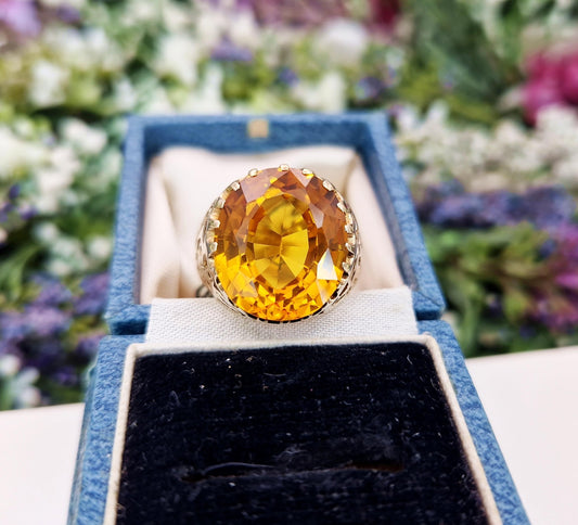 Vintage 1968 9ct Yellow Gold Huge Yellow Orange Sapphire Statement Solitaire Ring / Size R or 9