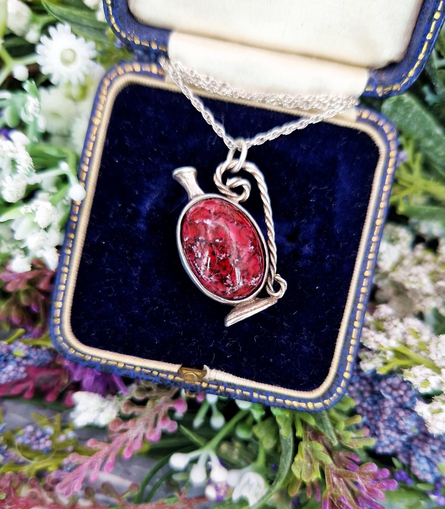 Vintage Sterling Silver Aquarius Water Jug Pendant with Pink Crackle Bead