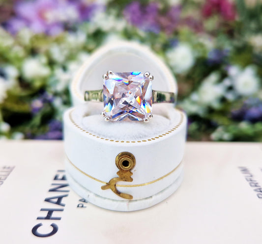 Vintage Sterling Silver Huge 5.6ct Sparkly Princess Cut Crystal Solitaire Ring / Size U 1/2 or 10.5