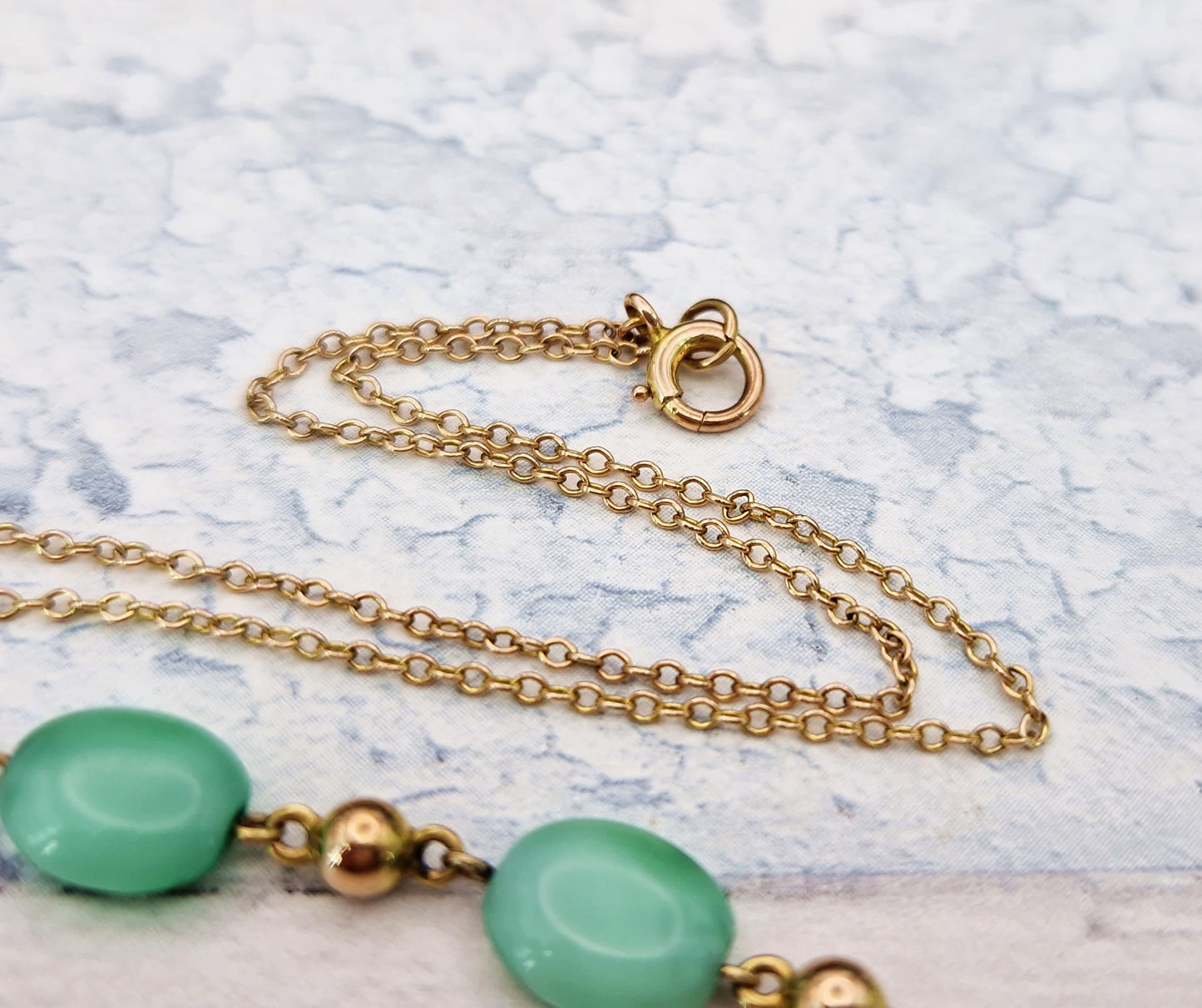 Antique Art Deco Solid 9ct Yellow Gold Pearl and Chrysoprase Bead 17" Necklace Chain / 5.7 grams